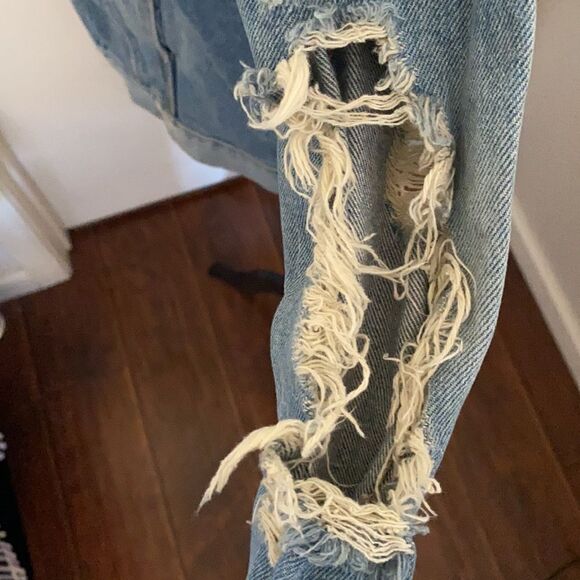 Lovers + Friends Factory Extensive Distressed Ripped Blue Denim Jacket Modern - Picture 12 of 16